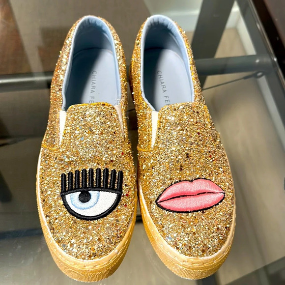 CHIARA FERRAGNI Eye & Lips Black Glitter Slip On Loafer Sneakers Italy EU 36 - Picture 2 of 7